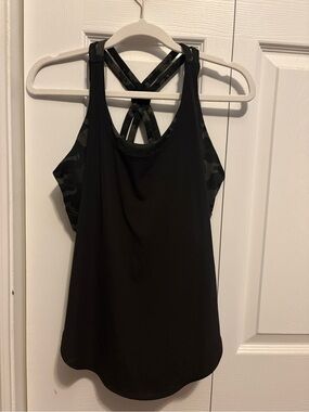 Fabletics Black Strappy Racerback Tank with Camo Insets